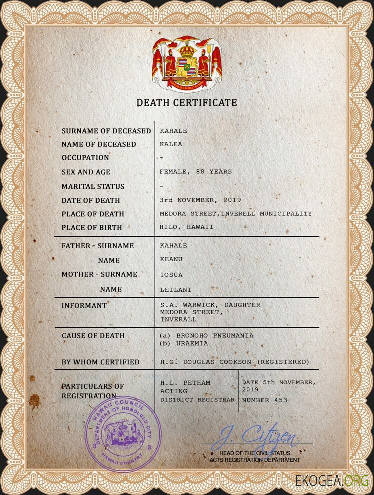 Modèle PSD de certificat de décès d'état civil d'Hawaï